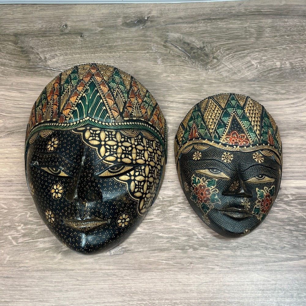 Batik Mask Set 2pc Hand Carved Painted Black Gold Indonesian Wood Folk Art